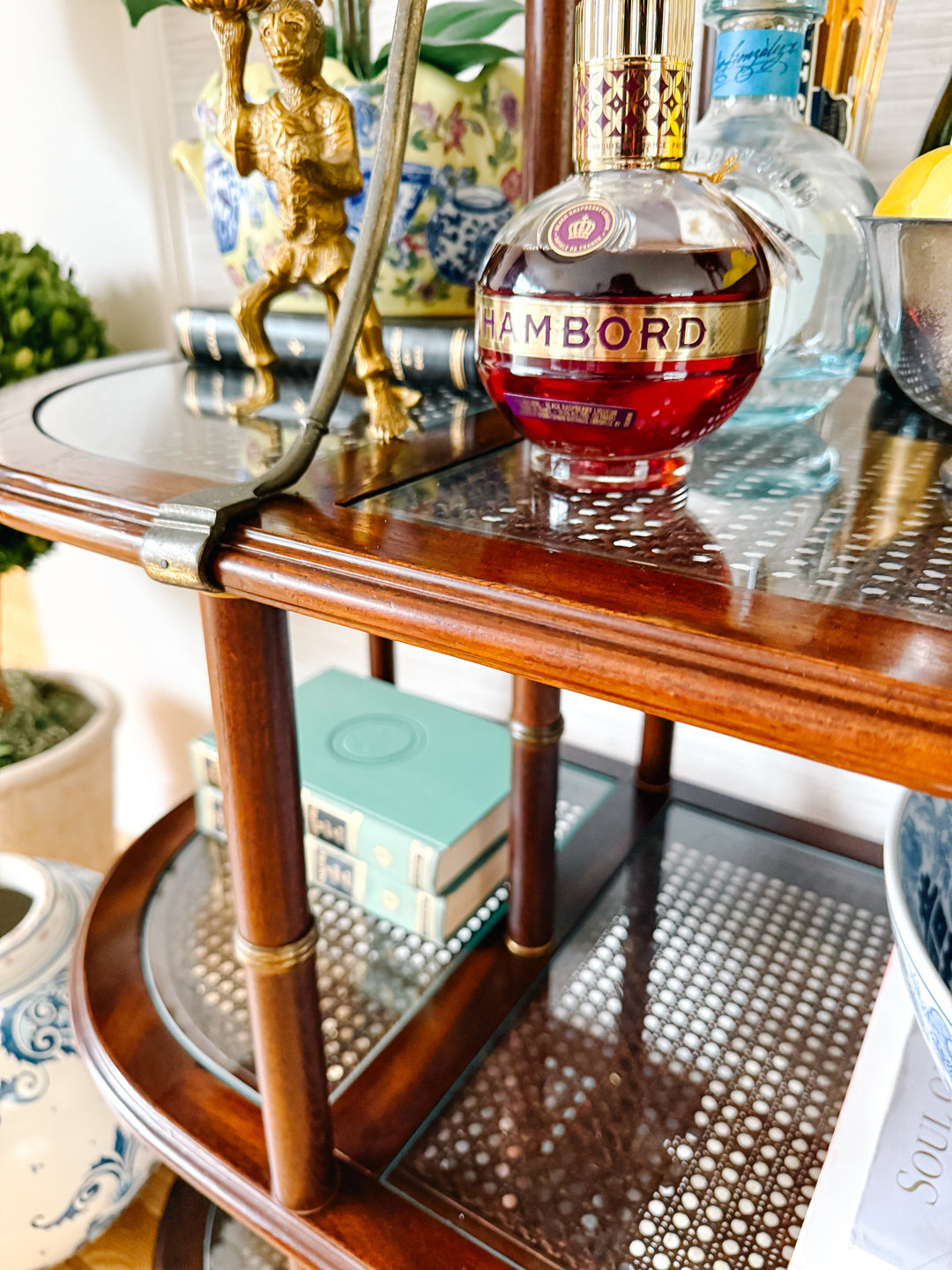 Vintage French Mahogany Faux Bamboo & Cane Etagere / Baker’s Rack
