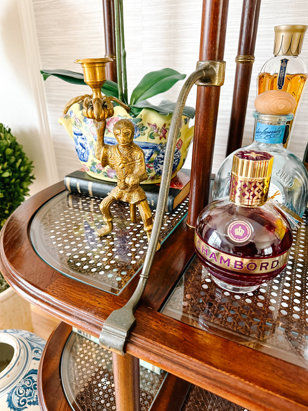 Vintage French Mahogany Faux Bamboo & Cane Etagere / Baker’s Rack