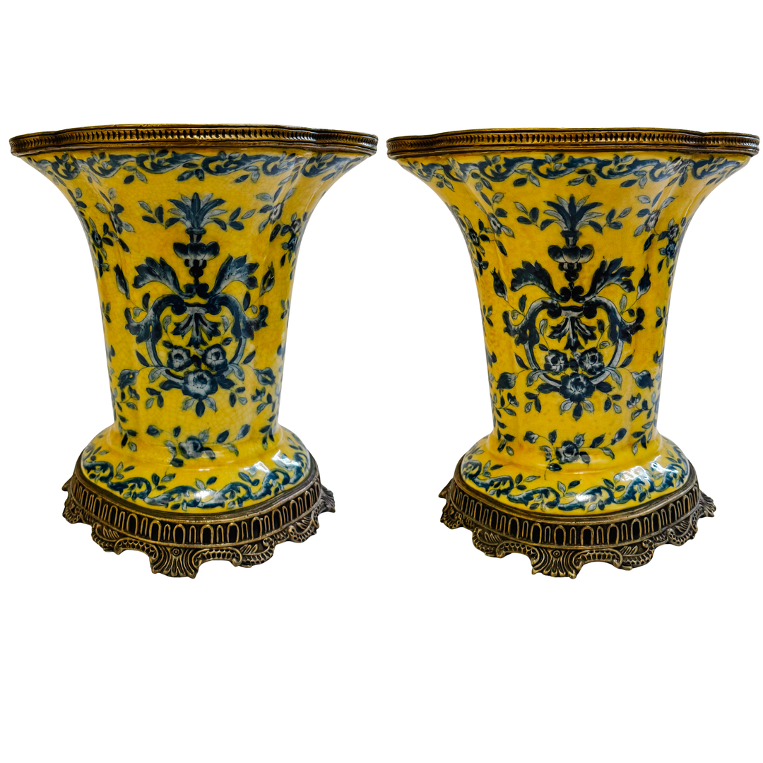 Pair of Chinoiserie Yellow Porcelain Quatrefoil Cachepots with Bronze Ormolu