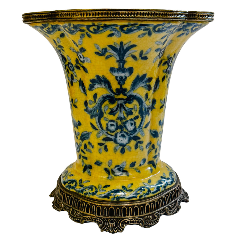 Pair of Chinoiserie Yellow Porcelain Quatrefoil Cachepots with Bronze Ormolu