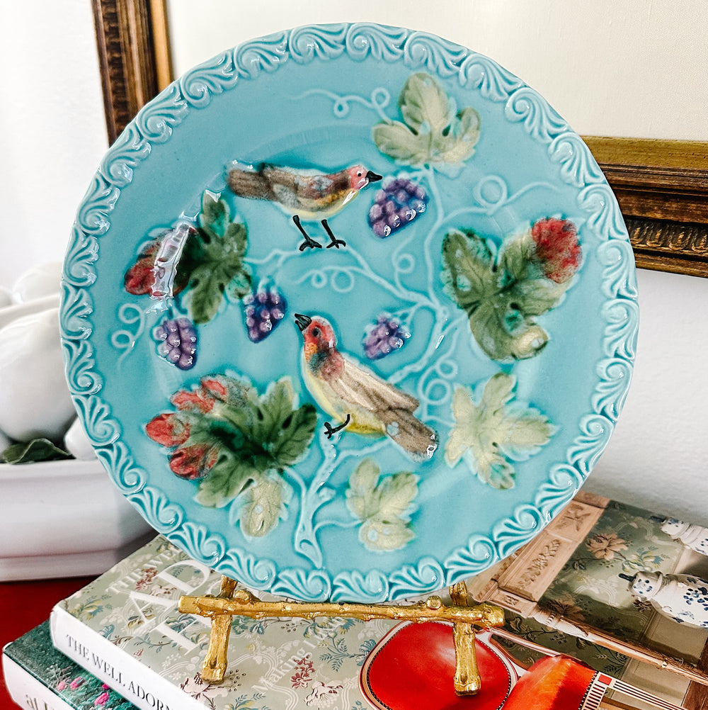 Antique German Majolica Bird and Berry Turquoise Relief Wall Plate