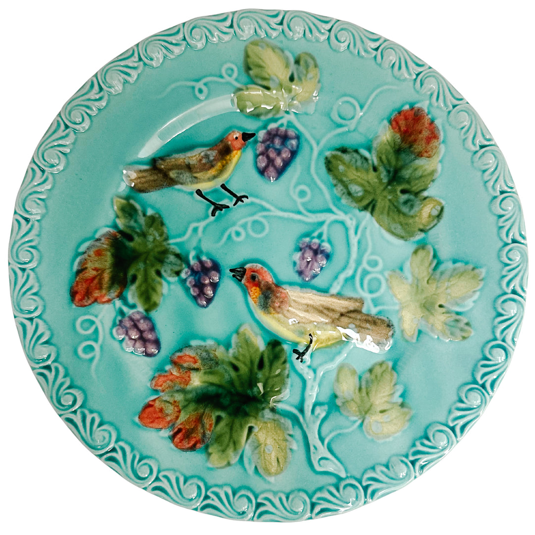 Antique German Majolica Bird and Berry Turquoise Relief Wall Plate