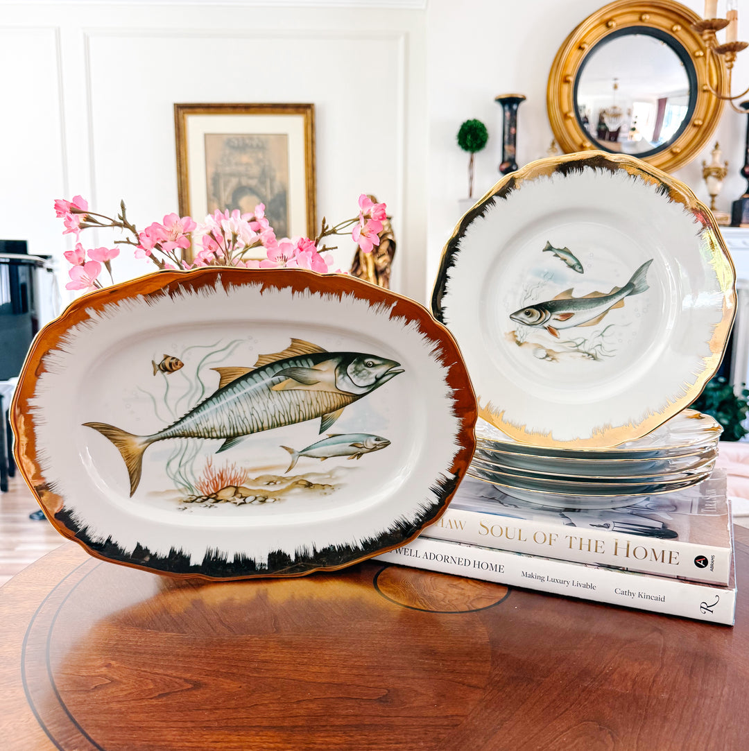 Vintage German Porcelain Fish Service Set – 6 Dinner Plates & Large Platter by Hutschenreuther Hohenberg
