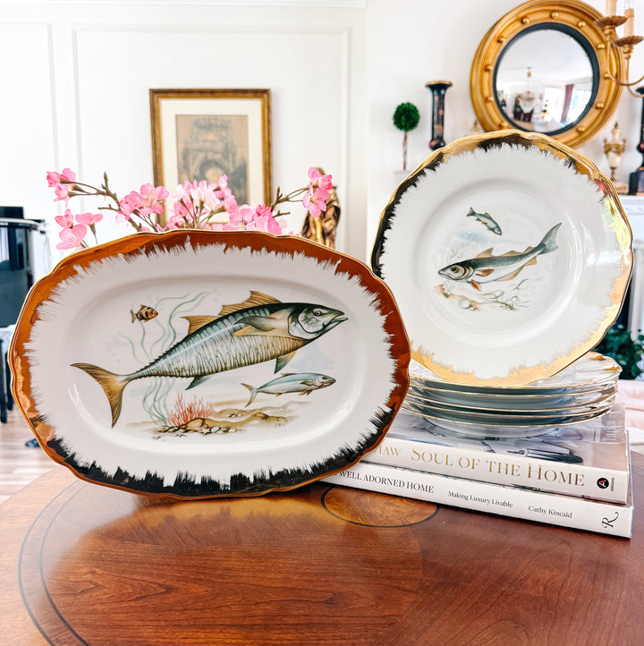 Vintage German Porcelain Fish Service Set – 6 Dinner Plates & Large Platter by Hutschenreuther Hohenberg