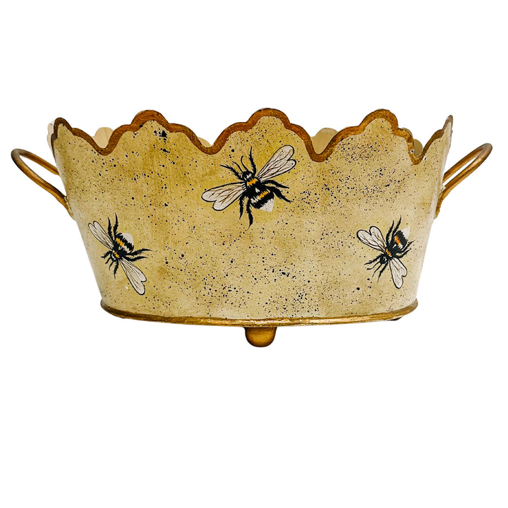Vintage Gold French Country Tole Cachepot With Bees, Large