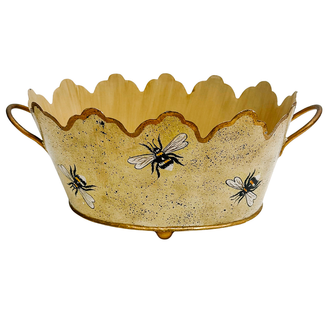 Vintage Gold French Country Tole Cachepot With Bees, Large