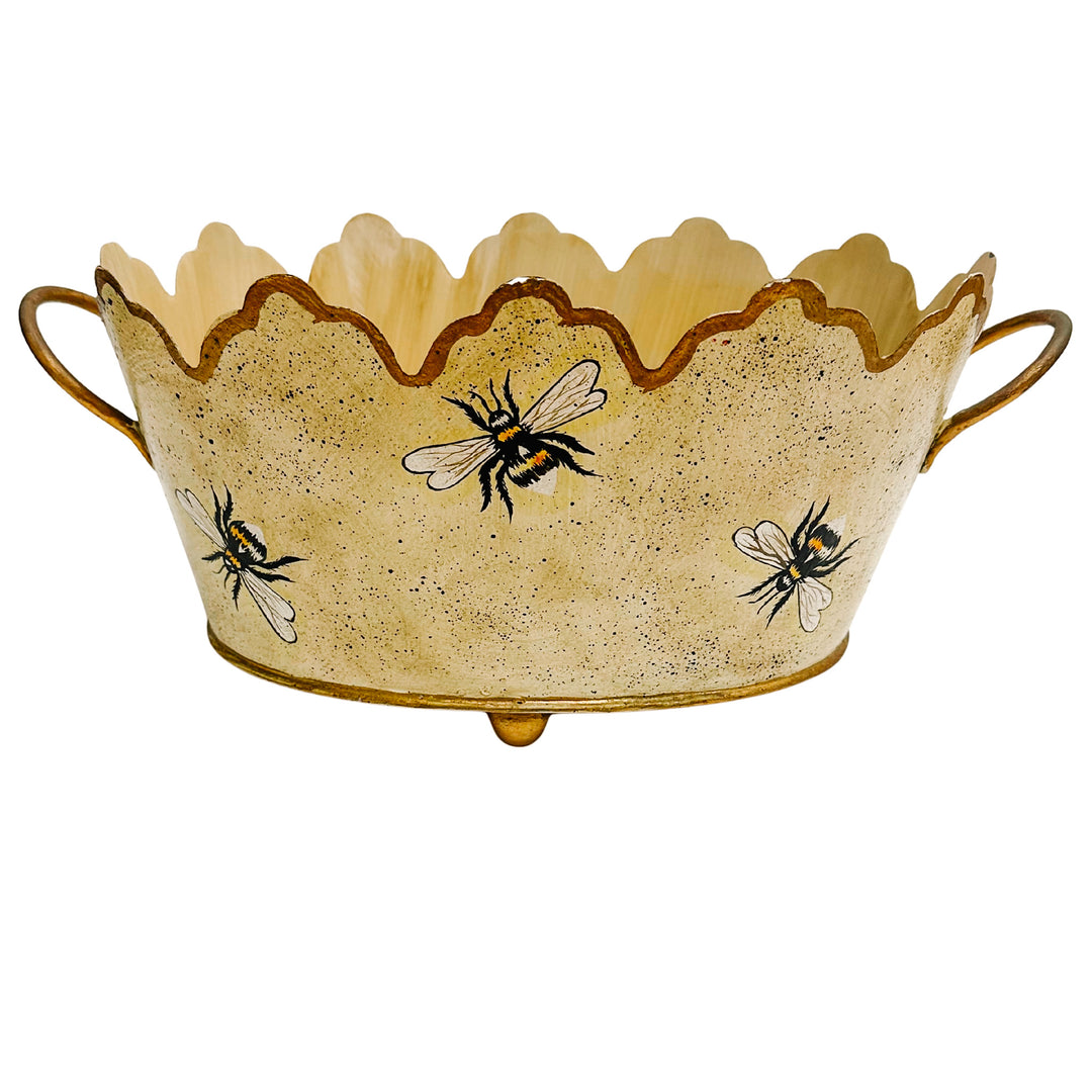 Vintage Gold French Country Tole Cachepot With Bees, Large