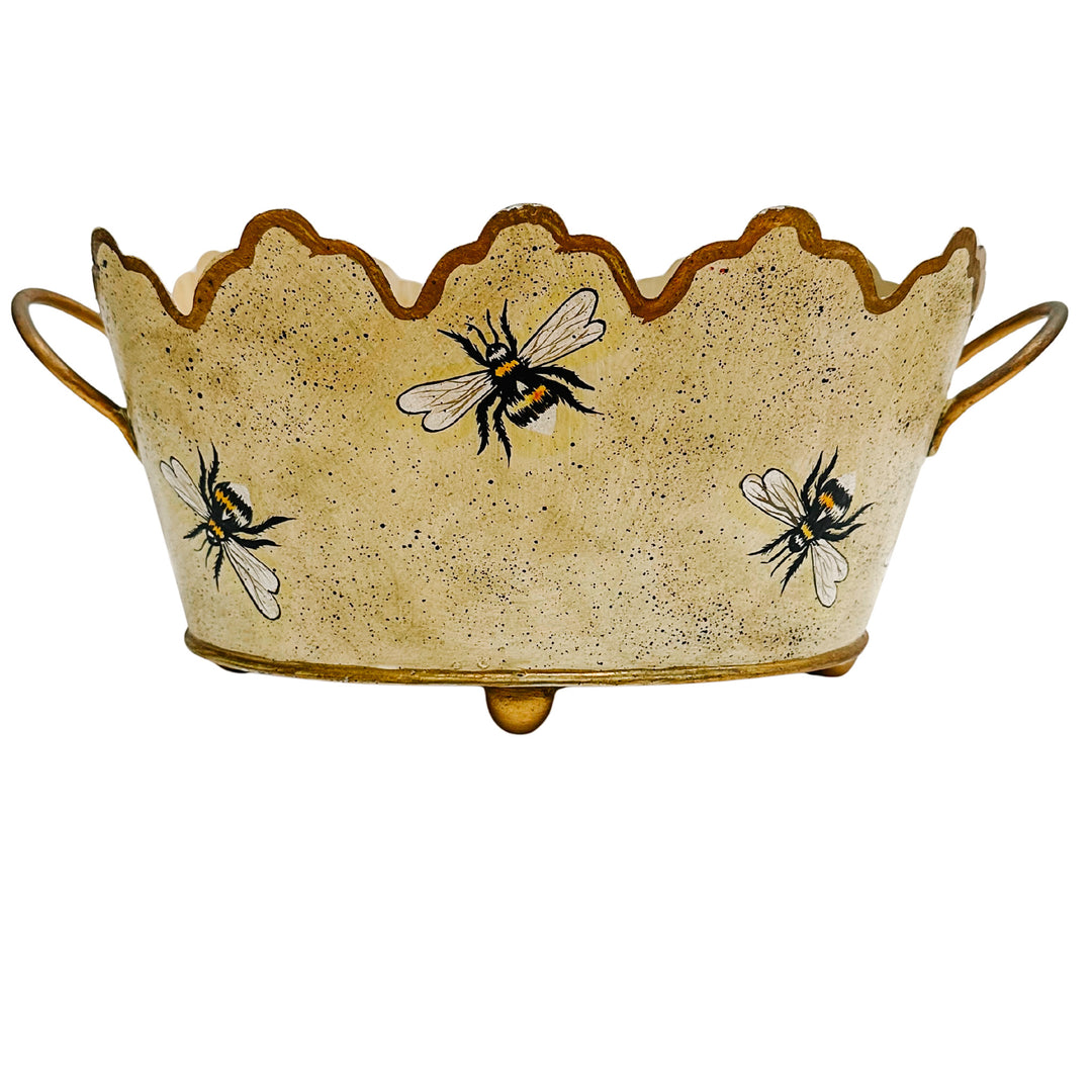 Vintage Gold French Country Tole Cachepot With Bees, Large