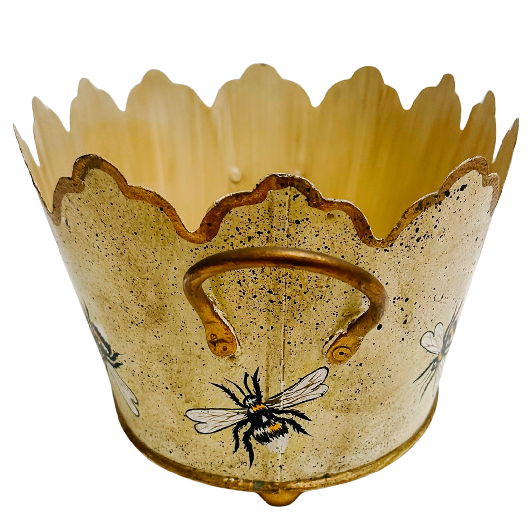Vintage Gold French Country Tole Cachepot With Bees, Large