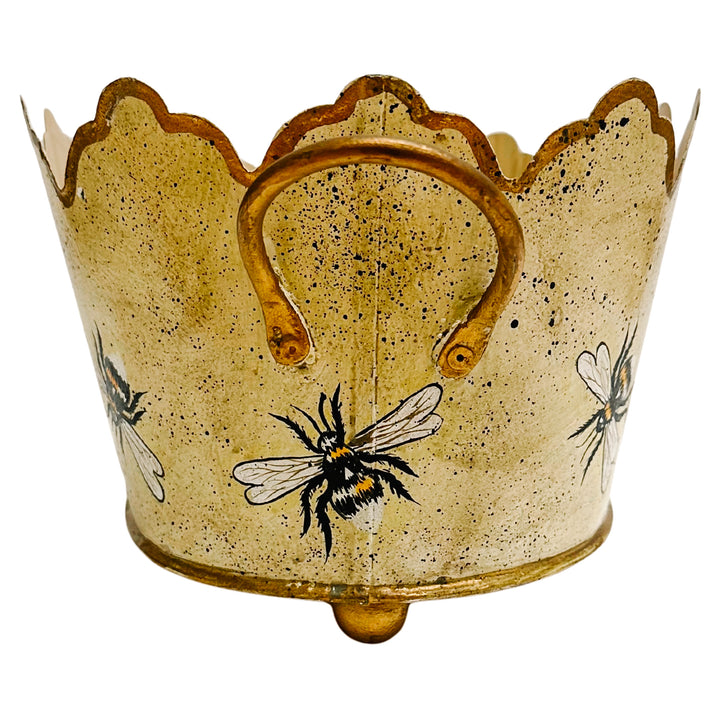 Vintage Gold French Country Tole Cachepot With Bees, Large