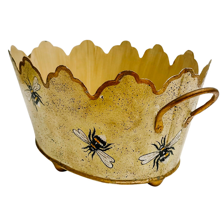 Vintage Gold French Country Tole Cachepot With Bees, Large