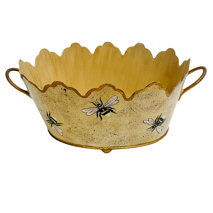 Vintage Gold French Country Tole Cachepot With Bees, Large