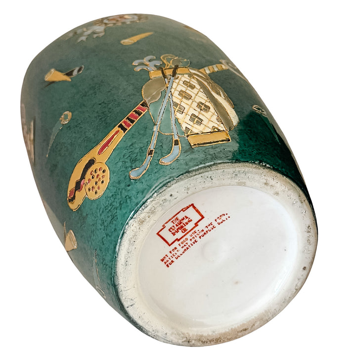 Vintage Golf Motifs Emerald Green Porcelain Vase