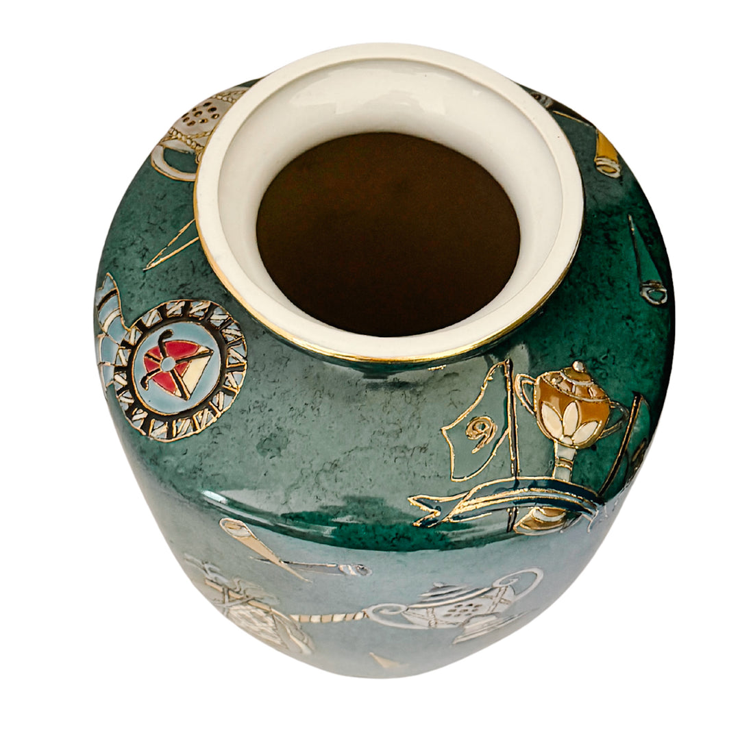 Vintage Golf Motifs Emerald Green Porcelain Vase
