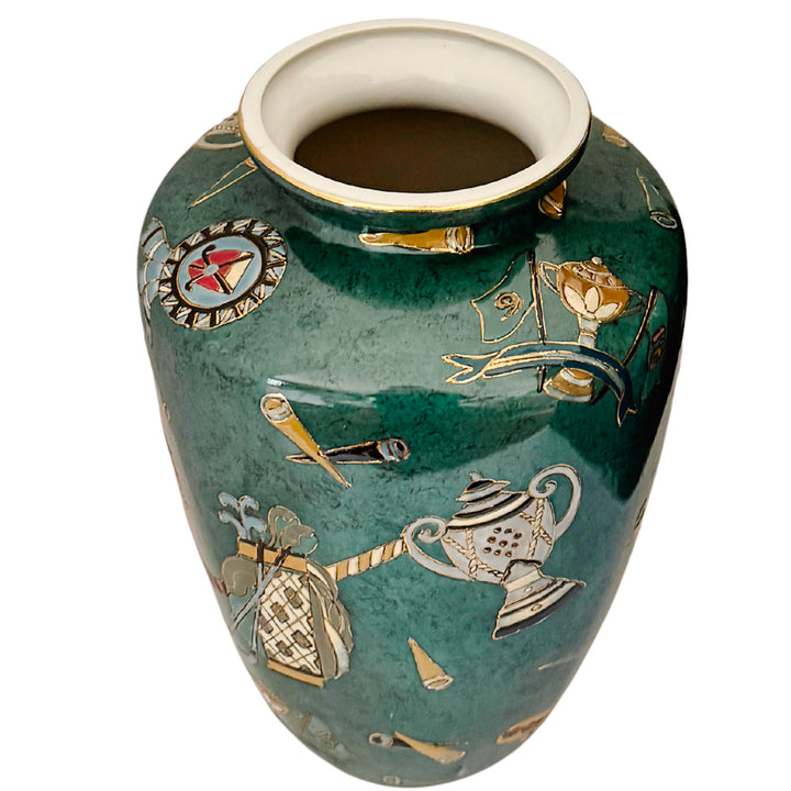 Vintage Golf Motifs Emerald Green Porcelain Vase