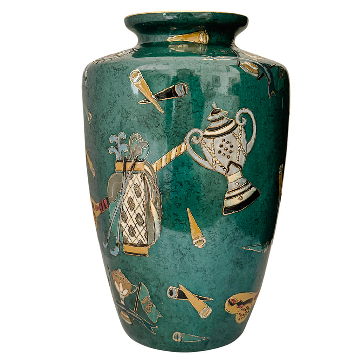 Vintage Golf Motifs Emerald Green Porcelain Vase