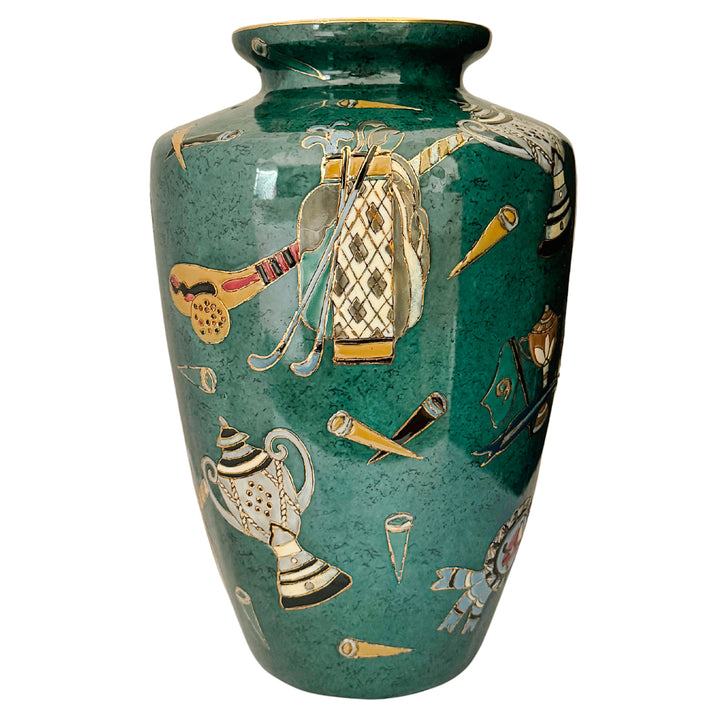 Vintage Golf Motifs Emerald Green Porcelain Vase