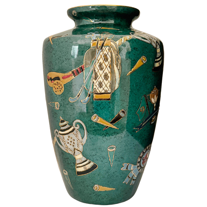 Vintage Golf Motifs Emerald Green Porcelain Vase