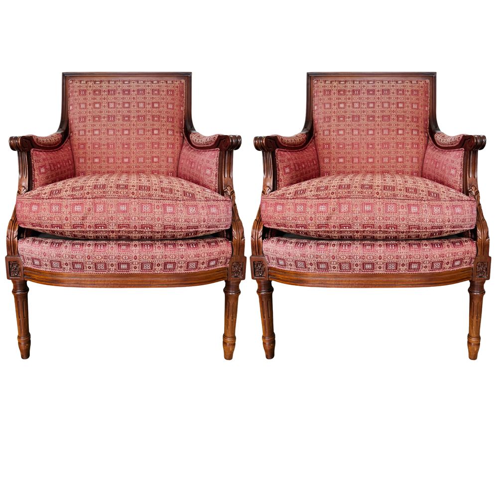 Vintage Hancock & Moore Louis XVI Neoclassical Mahogany Bergère Chairs