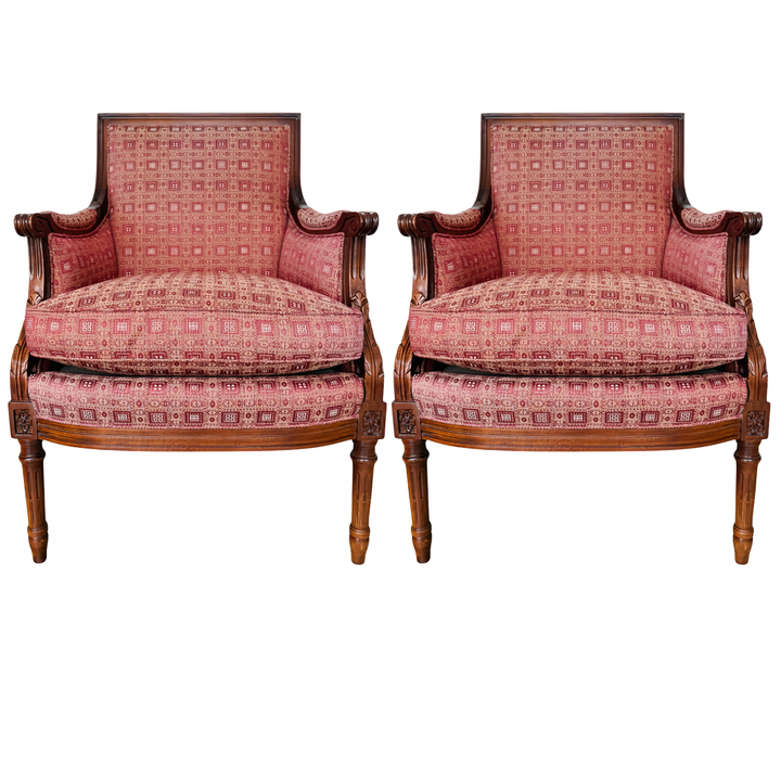 Vintage Hancock & Moore Louis XVI Neoclassical Mahogany Bergère Chairs