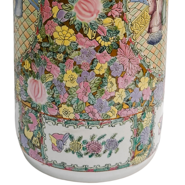 Vintage Hand-Painted Chinoiserie Rose Medallion Floral Umbrella Stand 18.5"H