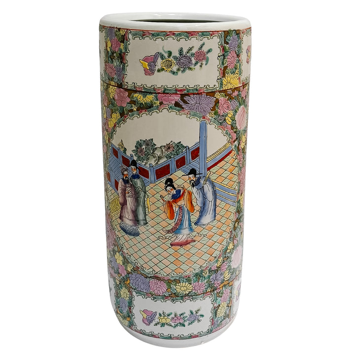 Vintage Hand-Painted Chinoiserie Rose Medallion Floral Umbrella Stand 18.5"H