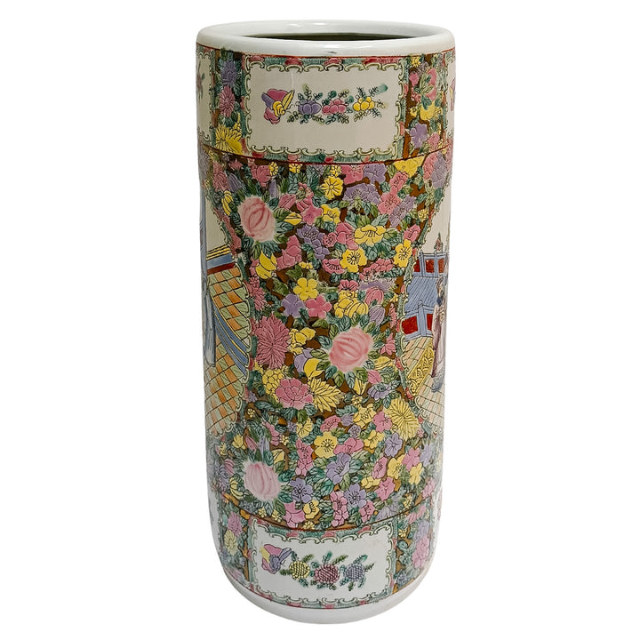 Vintage Hand-Painted Chinoiserie Rose Medallion Floral Umbrella Stand 18.5"H
