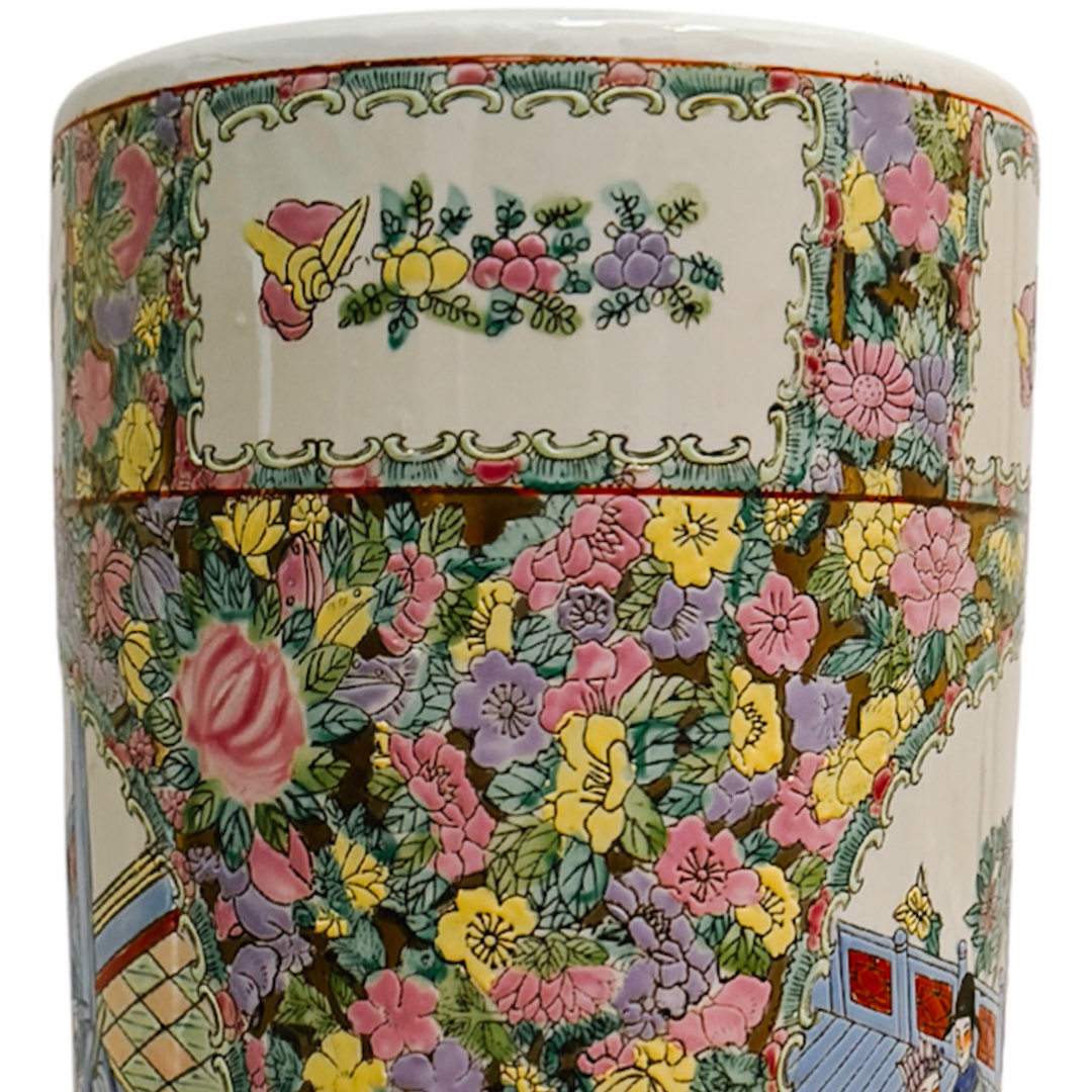 Vintage Hand-Painted Chinoiserie Rose Medallion Floral Umbrella Stand 18.5"H