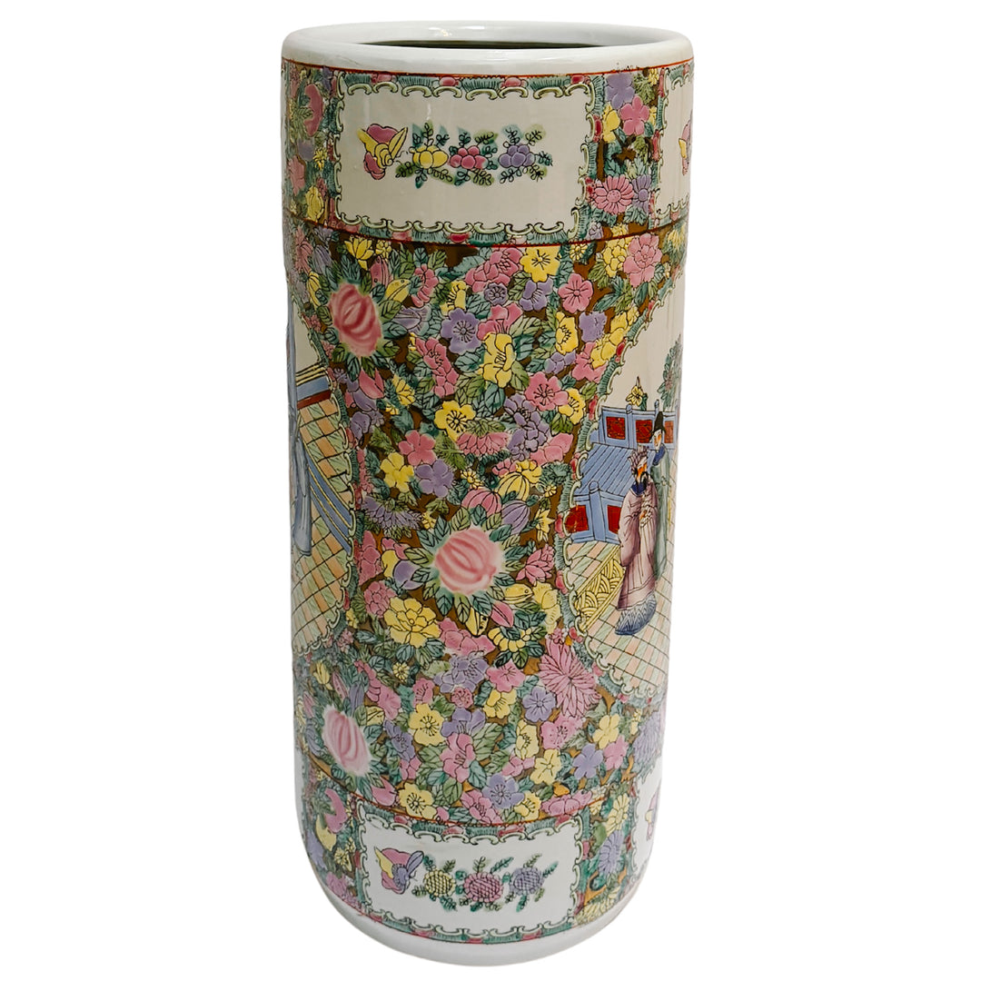 Vintage Hand-Painted Chinoiserie Rose Medallion Floral Umbrella Stand 18.5"H