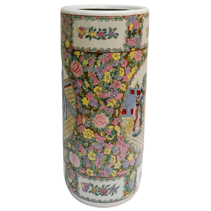 Vintage Hand-Painted Chinoiserie Rose Medallion Floral Umbrella Stand 18.5"H