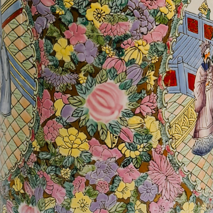 Vintage Hand-Painted Chinoiserie Rose Medallion Floral Umbrella Stand 18.5"H