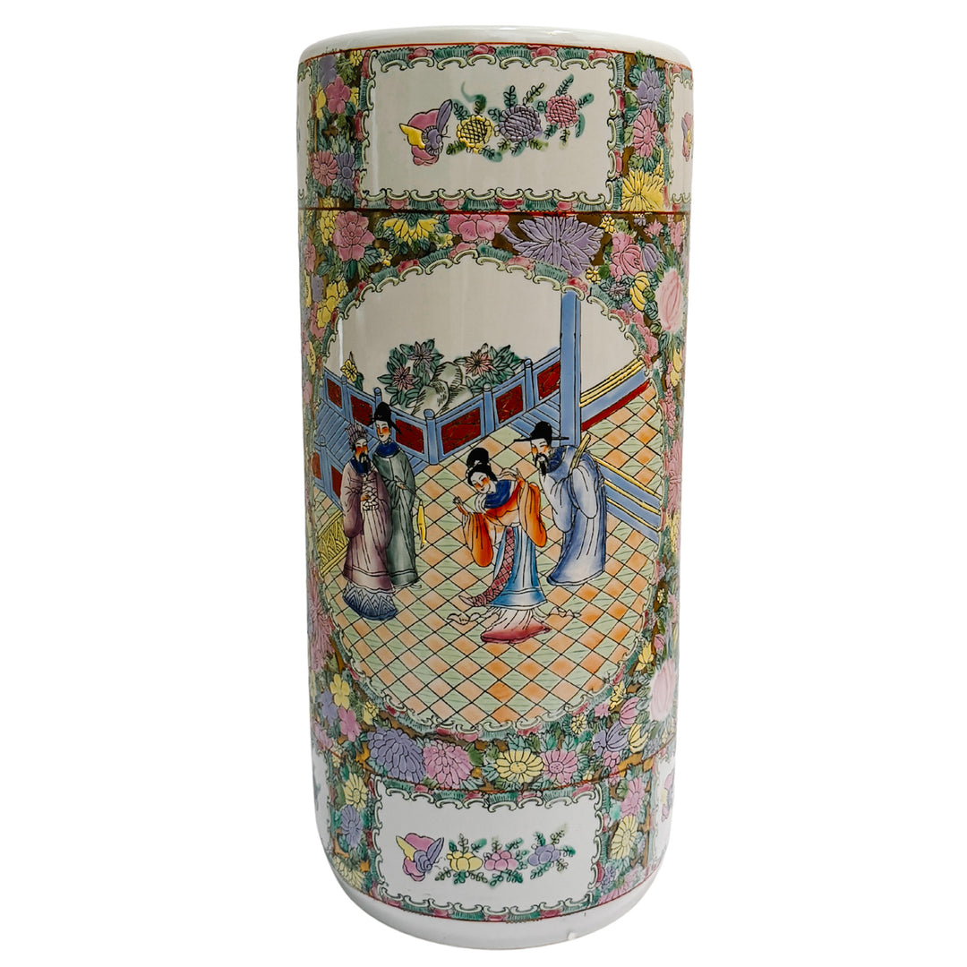 Vintage Hand-Painted Chinoiserie Rose Medallion Floral Umbrella Stand 18.5"H