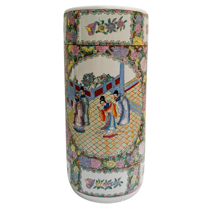Vintage Hand-Painted Chinoiserie Rose Medallion Floral Umbrella Stand 18.5"H