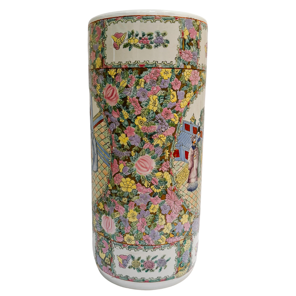Vintage Hand-Painted Chinoiserie Rose Medallion Floral Umbrella Stand 18.5"H