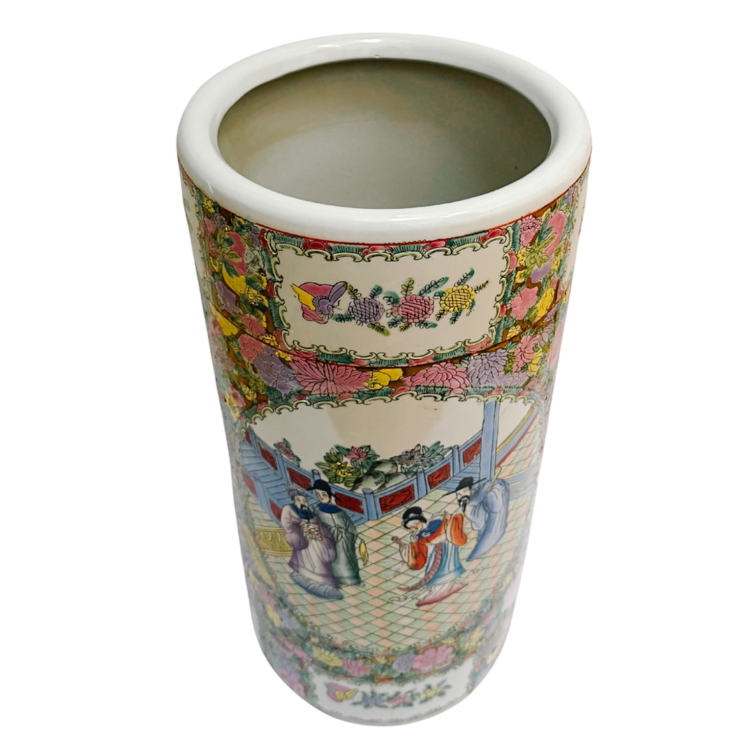 Vintage Hand-Painted Chinoiserie Rose Medallion Floral Umbrella Stand 18.5"H