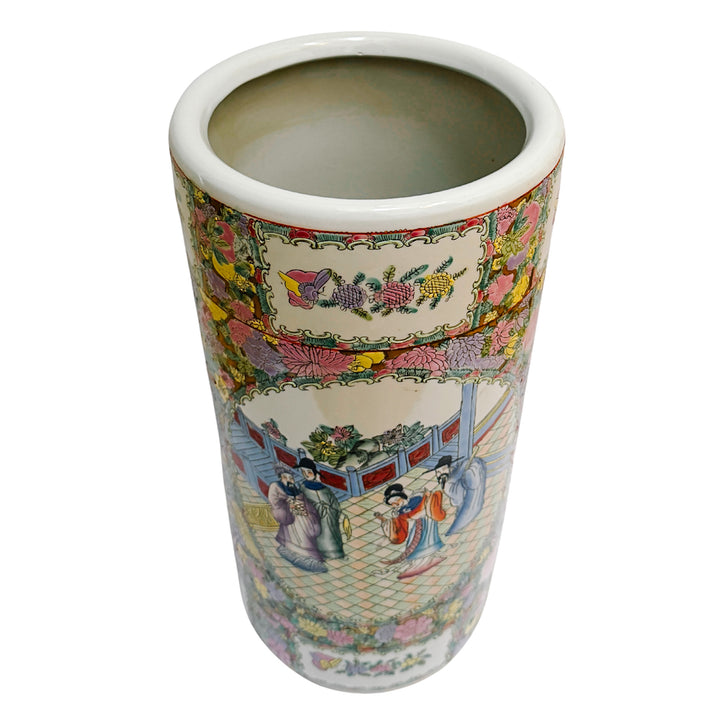 Vintage Hand-Painted Chinoiserie Rose Medallion Floral Umbrella Stand 18.5"H