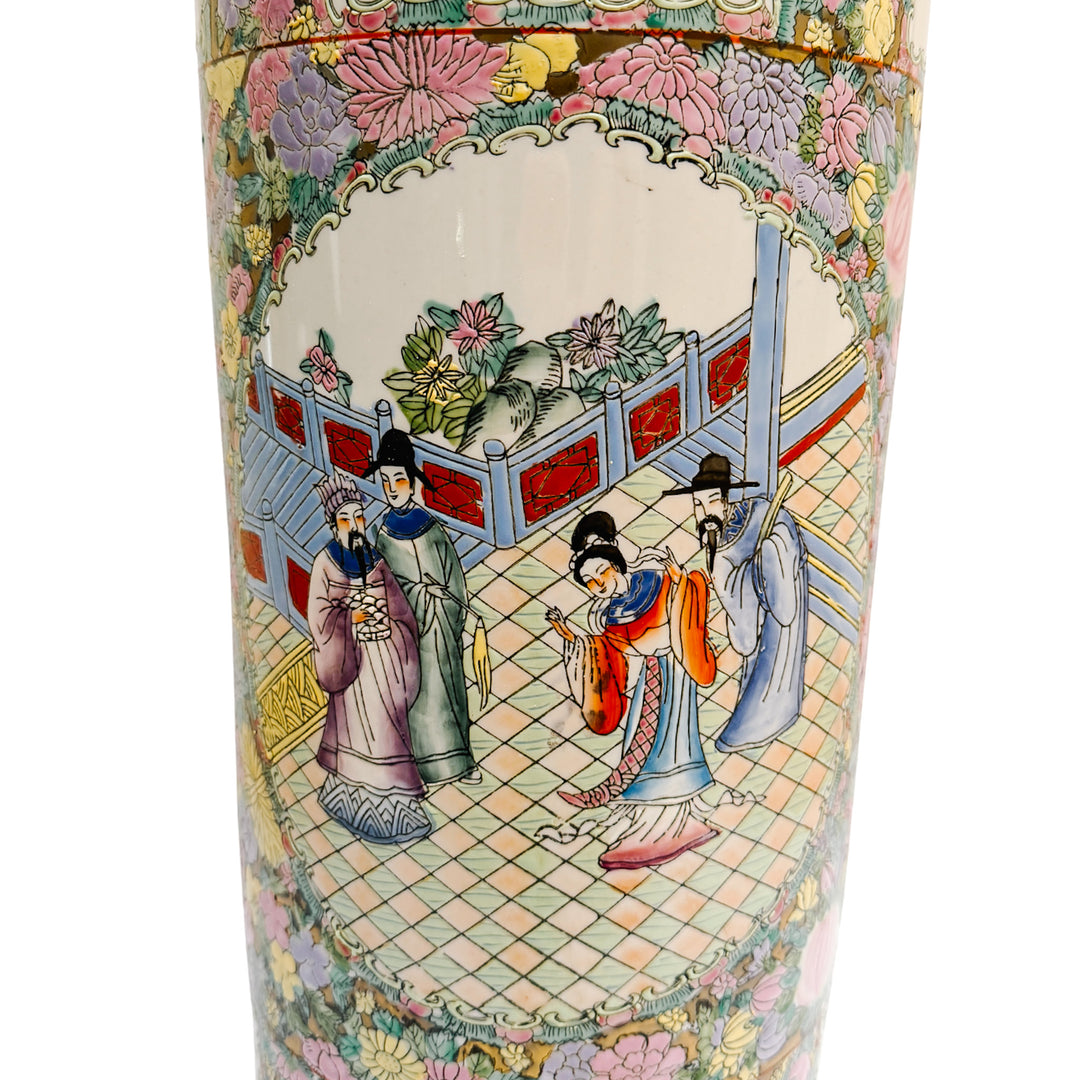 Vintage Hand-Painted Chinoiserie Rose Medallion Floral Umbrella Stand 18.5"H