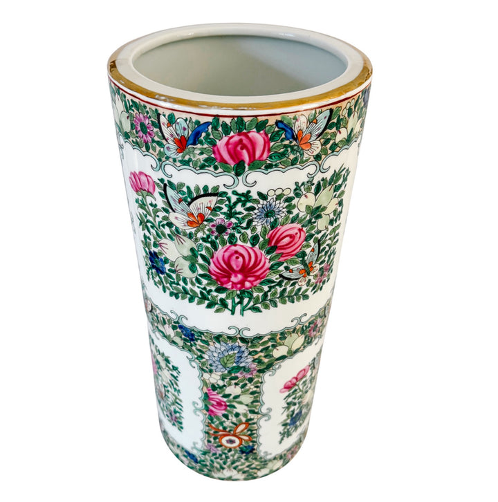 Vintage Hand-Painted Chinoiserie Rose Medallion Porcelain Umbrella Stand