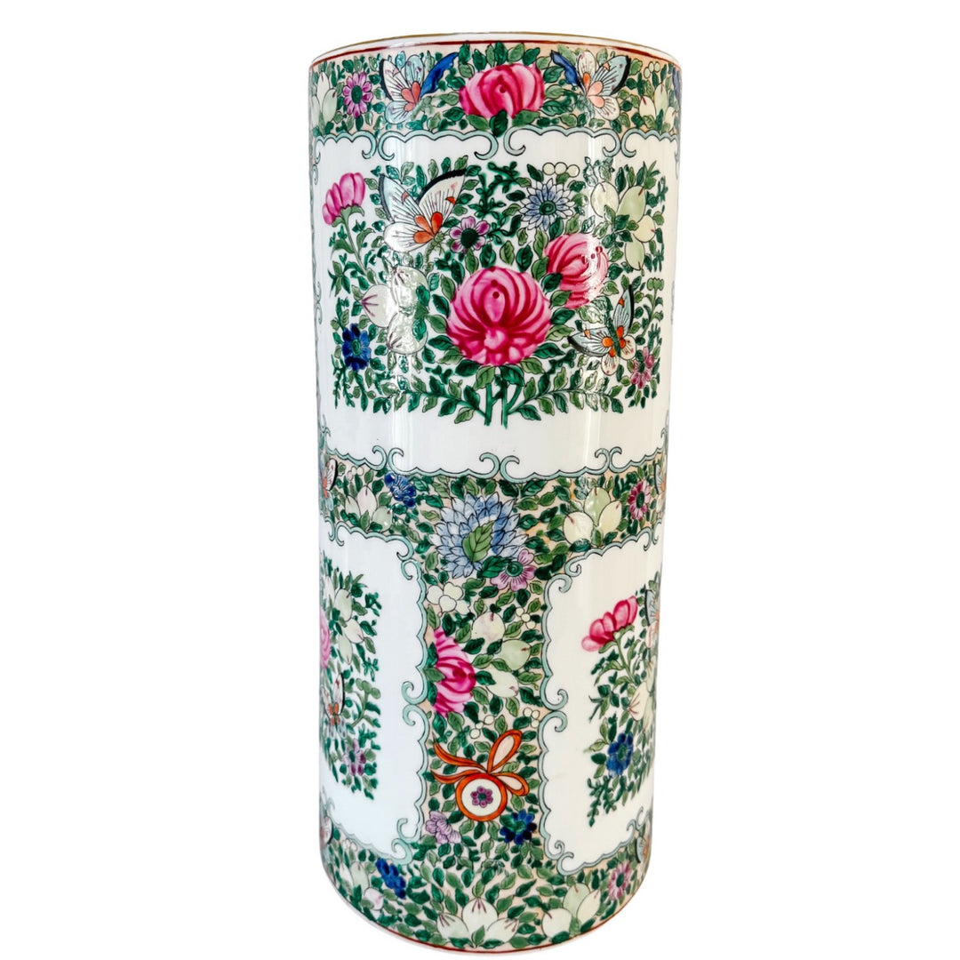 Vintage Hand-Painted Chinoiserie Rose Medallion Porcelain Umbrella Stand