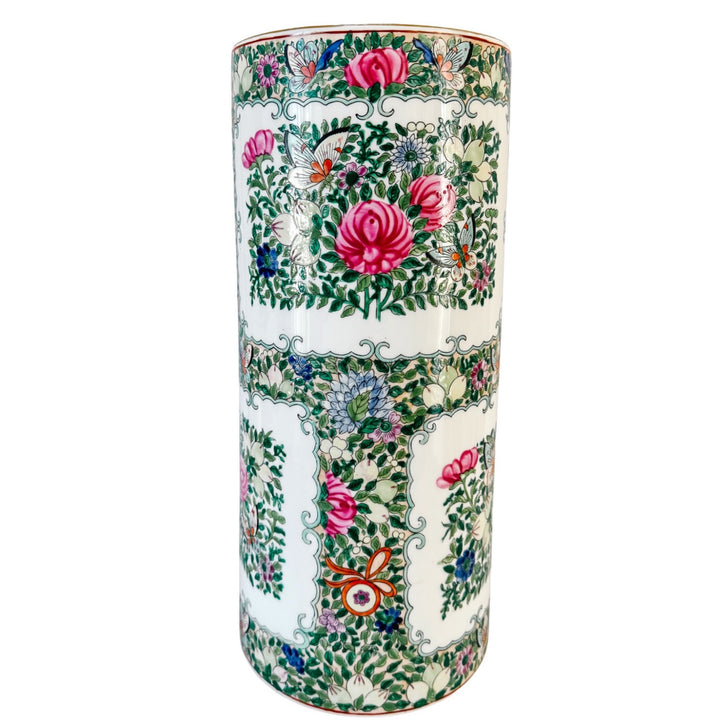Vintage Hand-Painted Chinoiserie Rose Medallion Porcelain Umbrella Stand