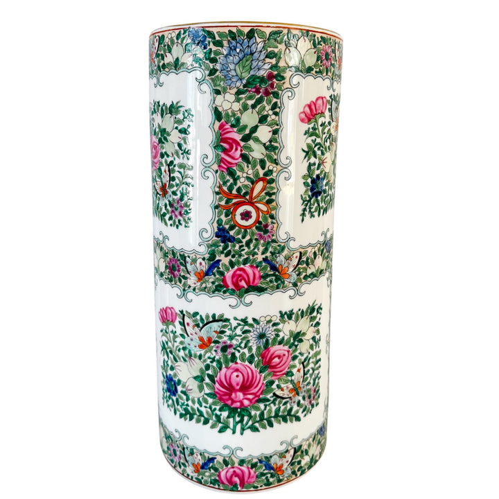 Vintage Hand-Painted Chinoiserie Rose Medallion Porcelain Umbrella Stand