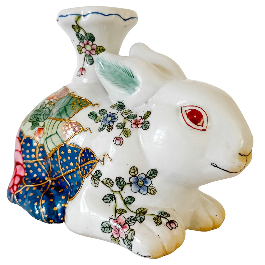 Vintage Hand-Painted Chinoiserie Tobacco Leaf Porcelain Rabbit Candlestick