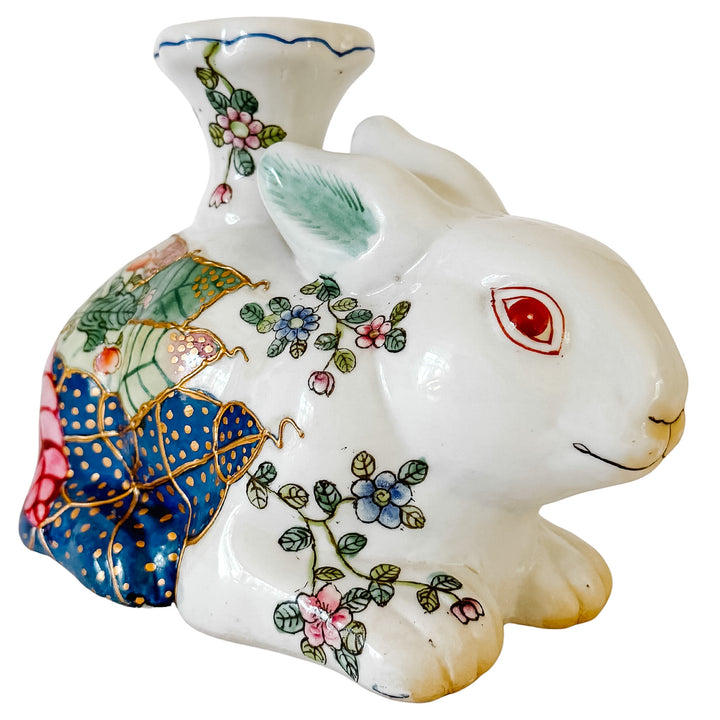 Vintage Hand-Painted Chinoiserie Tobacco Leaf Porcelain Rabbit Candlestick
