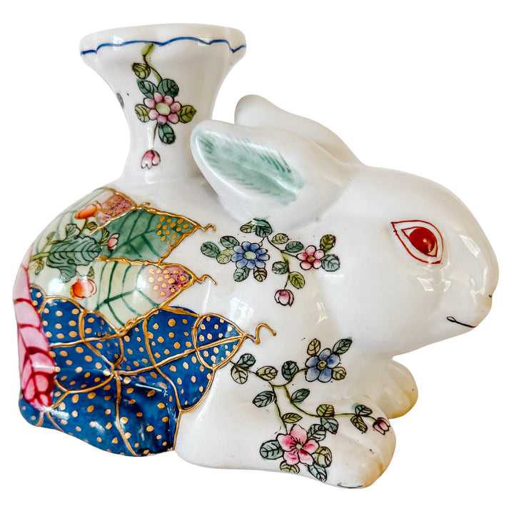 Vintage Hand-Painted Chinoiserie Tobacco Leaf Porcelain Rabbit Candlestick