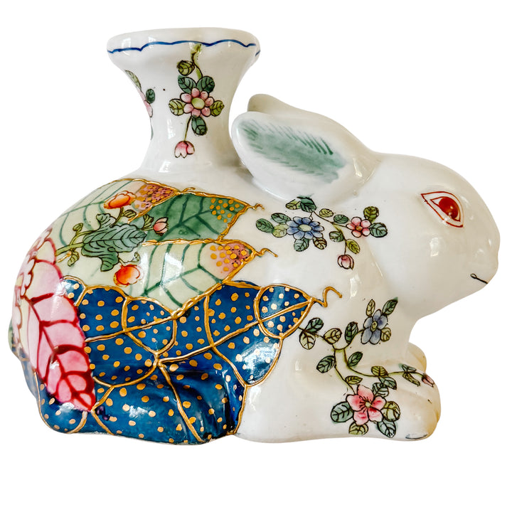 Vintage Hand-Painted Chinoiserie Tobacco Leaf Porcelain Rabbit Candlestick