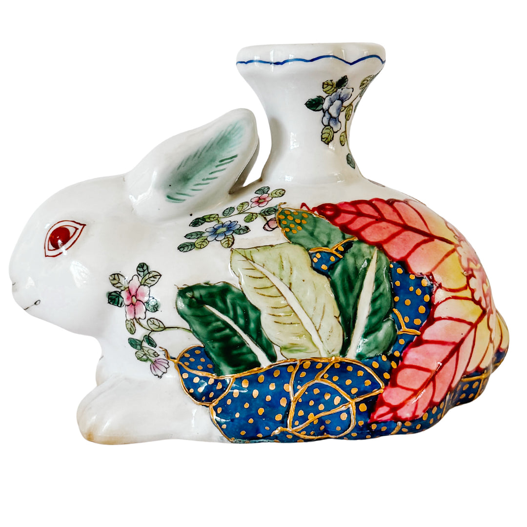 Vintage Hand-Painted Chinoiserie Tobacco Leaf Porcelain Rabbit Candlestick