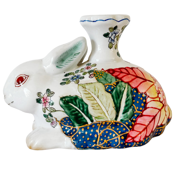 Vintage Hand-Painted Chinoiserie Tobacco Leaf Porcelain Rabbit Candlestick