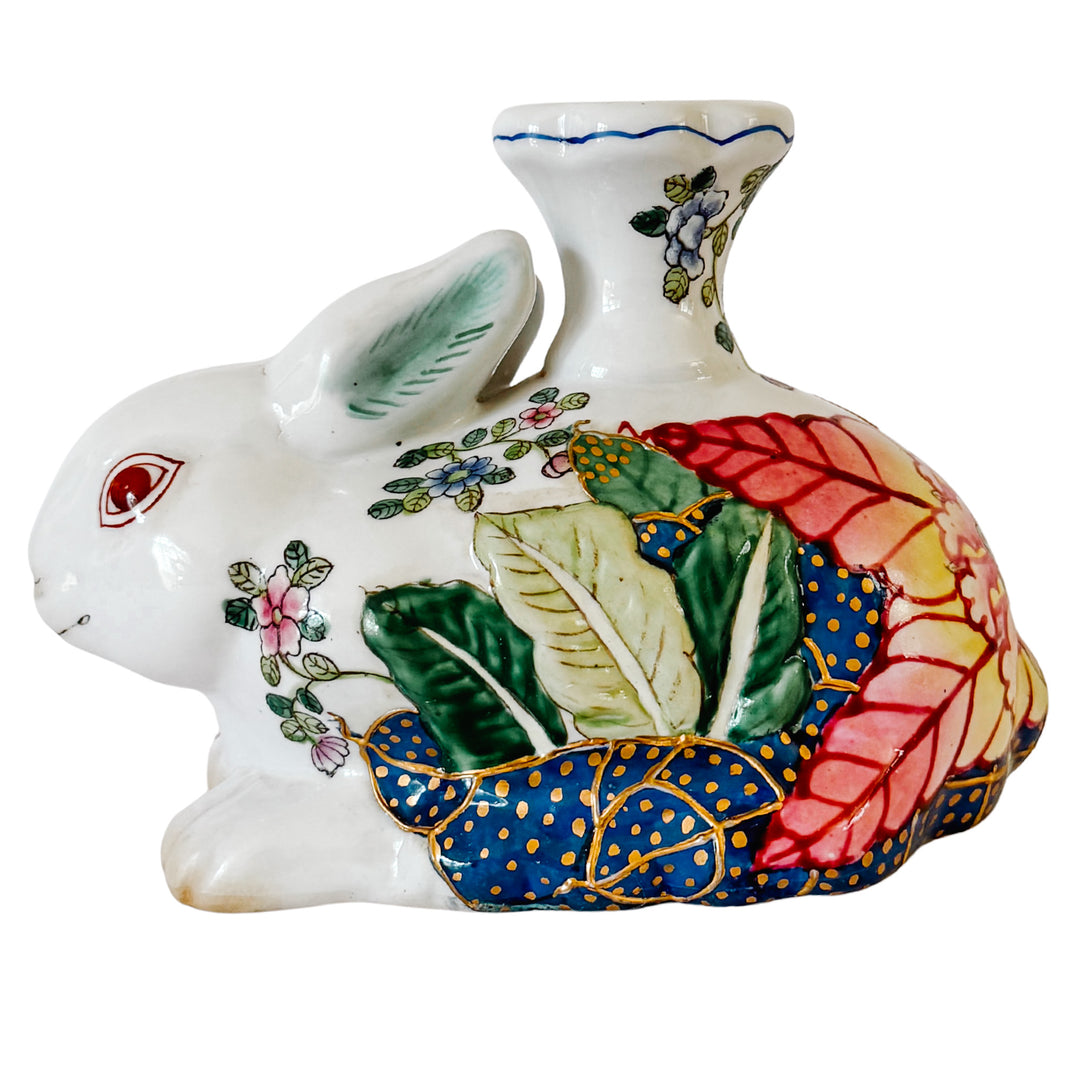 Vintage Hand-Painted Chinoiserie Tobacco Leaf Porcelain Rabbit Candlestick