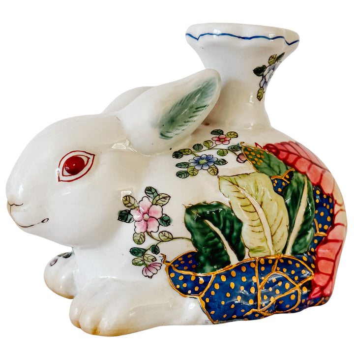 Vintage Hand-Painted Chinoiserie Tobacco Leaf Porcelain Rabbit Candlestick
