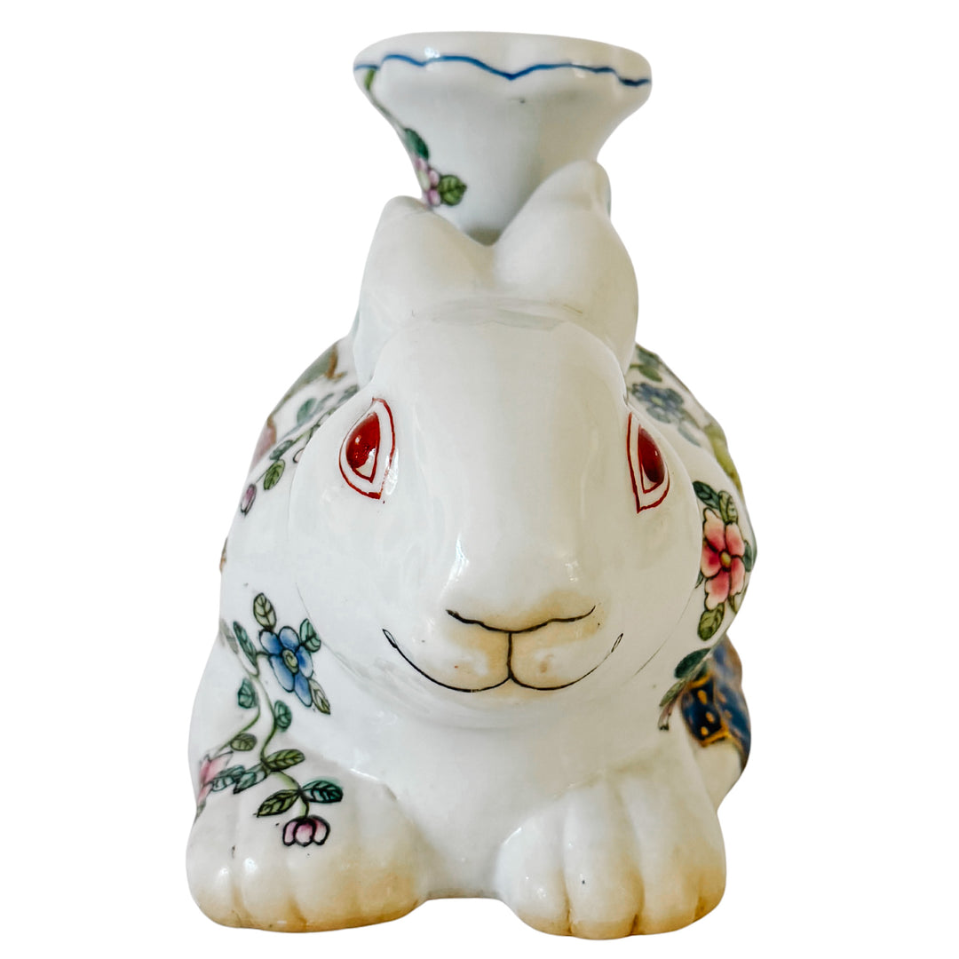 Vintage Hand-Painted Chinoiserie Tobacco Leaf Porcelain Rabbit Candlestick